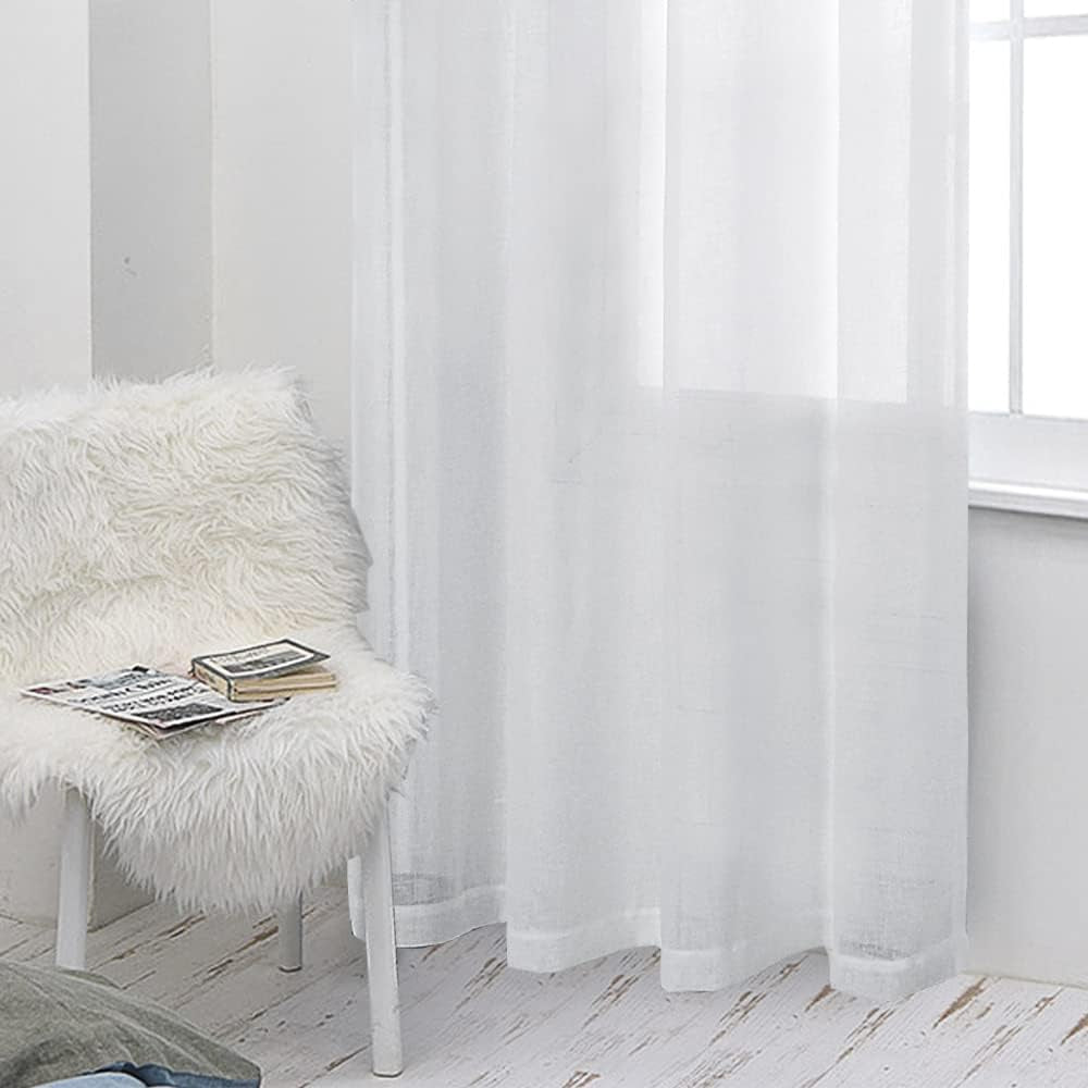 Burlap Linen Sheer Curtains for Living Room - Grommet Top Sheer Drapes 84 Inches Length Light Filtering Voile Window Curtain for Bedroom, Set of 2 Panels (54 X 84 Inch, White)
