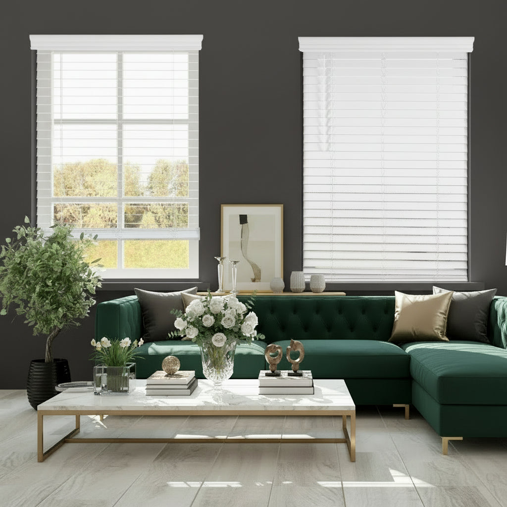 Faux Wood Blind with Crown Valance - 56"W X 73"H, White, Cordless 2” Slat Horizontal Blind - for Kitchen, Bedroom, Living Room, Doors