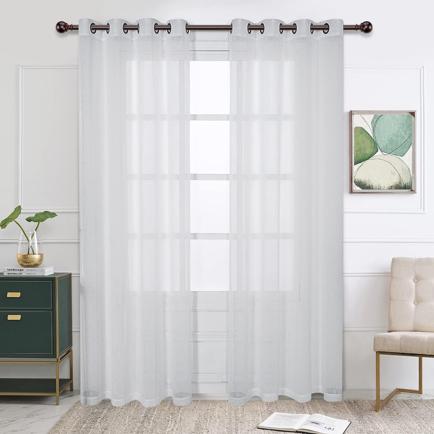 Burlap Linen Sheer Curtains for Living Room - Grommet Top Sheer Drapes 84 Inches Length Light Filtering Voile Window Curtain for Bedroom, Set of 2 Panels (54 X 84 Inch, White)